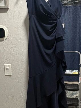 Macy's Navy Blue Ruffled Wrap Maxi Dress